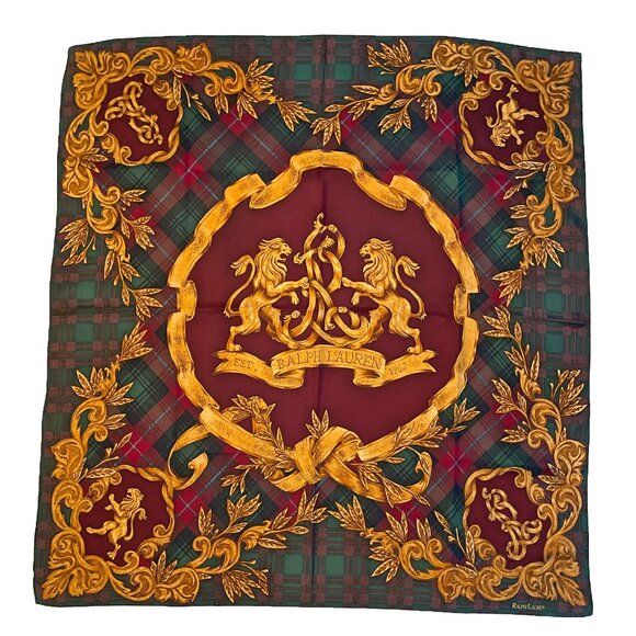 Vintage Ralph Lauren Silk Scarf – Tartan Border & Lion Emblem - Picture 1 of 16